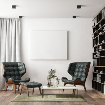 Modern minimalist interior with armchairs, carpet and decoration. 3d render illustration mockup.