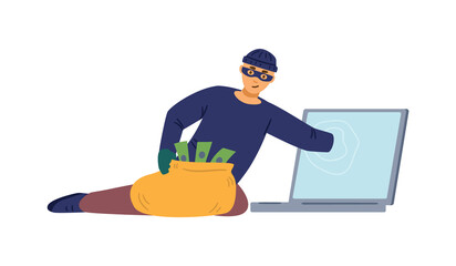 Computer fraud, hacker in mask and robber hat steal credit card information or money. Online criminal scam, isolated.