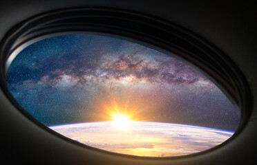 Landscape with Milky way galaxy. Sunrise, Earth and Spacecraft view from space with Milky way...