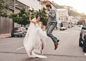 Nothing feels better than marrying your best friend. Shot of a beautiful couple out in the city on their wedding day.