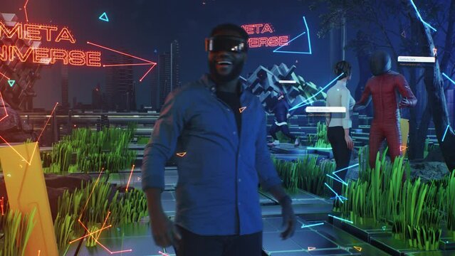 African American man putting on VR headset and looking around to the cyber world of the meta universe, in which other people communicate and dance.