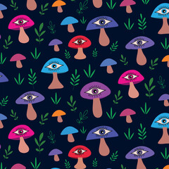 Magical  trippy mushroom with eyes and leaves over dark background. Great for textile, home décor and wrapping paper 
