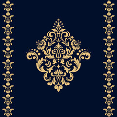 Damask graphic ornament. Floral design element. Gold and dark blue vector pattern