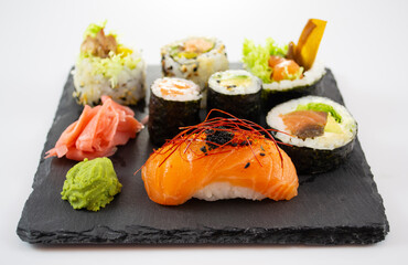 Colourful and delicions sushi Rolls isolated on white background. Japanese menu