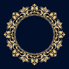 Decorative frame Elegant vector element for design in Eastern style, place for text. Floral golden and dark blue border. Lace illustration for invitations and greeting cards