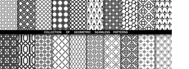 Geometric collection of black and white patterns. Seamless vector backgrounds. Simple graphics