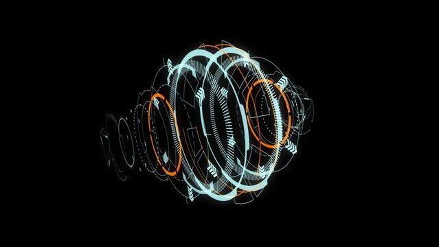 Motion graphic of 3D Blue circle rotation with head up display ( HUD UI ) technology interface and futuristic elements abstract background alpha channel included