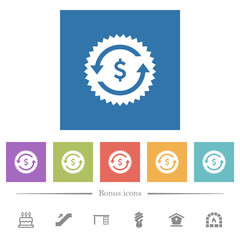 Dollar pay back guarantee sticker flat white icons in square backgrounds