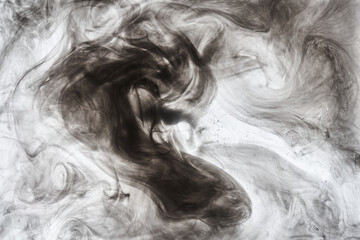 Dark smoke on white ink background, colorful fog, abstract swirling ocean sea, acrylic paint pigment underwater