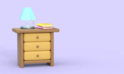 A table lamp and a stack of books on a chest of drawers. 3d render