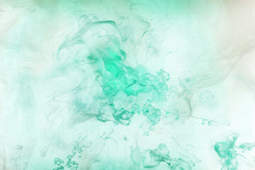 Green smoke on white ink background, colorful fog, abstract swirling emerald ocean sea, acrylic...