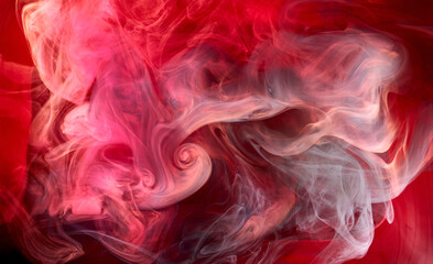 Black and red ink background, colorful fog, abstract swirling ocean, acrylic paint pigment underwater, white smoke