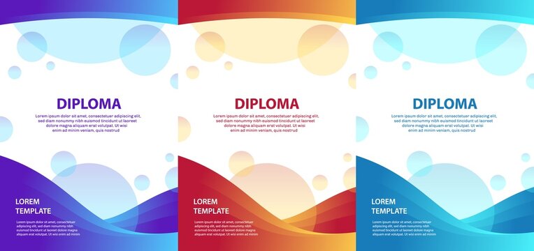 Abstract Diploma flyer template with gradient vibrant waves and circles. Vector image.