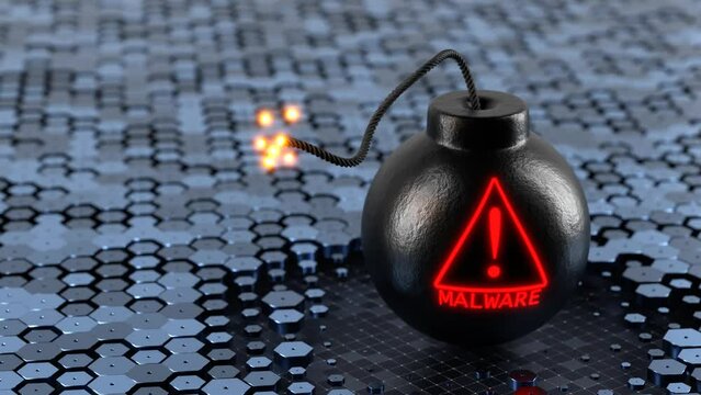 Inscription Malicious program on a round bomb. Concept of attack on computer systems. Malicious program.