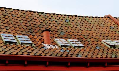 Authentic and textured clay roof tiles with moss and discoloration 