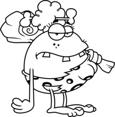 Outlined Toothy CaveWoman Cartoon Character With Club On His Shoulder. Vector Hand Drawn Illustration Isolated On White Background