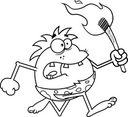 Outlined Scared Caveman Cartoon Character Running With A Torch. Vector Hand Drawn Illustration Isolated On White Background