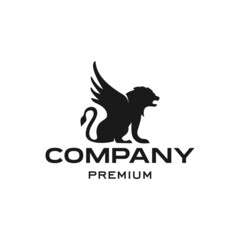 silhouette logo of black lion with wings. Winged Lion. Vector illustration, logo or icon on white background