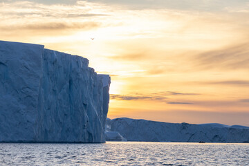 grandes bloques de hielo flotando sobre el mar, icebergs en el polo norte.