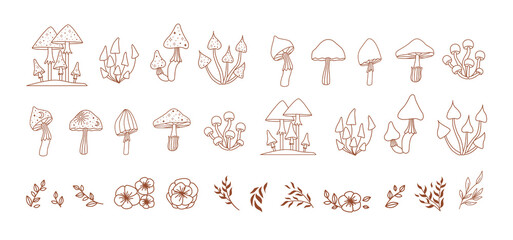 Magic mushrooms and plants in line, vector