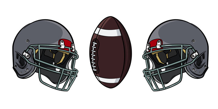 Two helmets facing each other and a ball in the middle. A sporty mood.