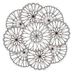Mandala in black and white coloring page for colouring book. Leafs and flowers  in monocrome colors. Doodles pattern