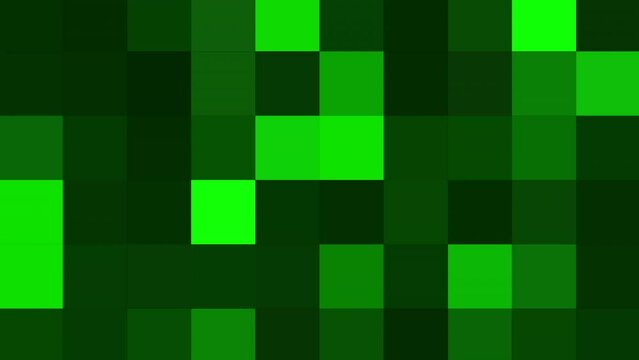 Flickering squares background, seamless loop animation. Motion. Different tones of green color blinking squares, effect of pixels.