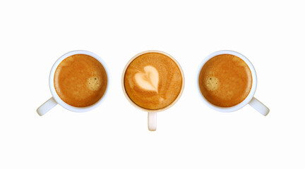Three Cups of Frothy Coffees in Row on White Backdrop