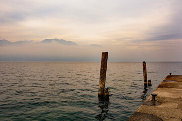Winter at Lake Garda, seen from Castelletto di Brenzone in Verona Province, Veneto, north east Italy
