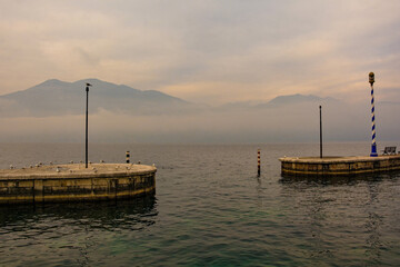 Obraz premium Winter at Lake Garda, seen from Castelletto di Brenzone in Verona Province, Veneto, north east Italy 