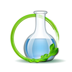 Whirlwind of green leaves swirls around flask. Template for environment and laboratory industrial Eco design.