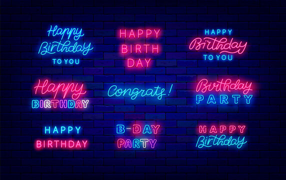 Happy Birthday neon lettering collection. Congrats and party phrase. Calligraphy greeeting card. Vector illustration