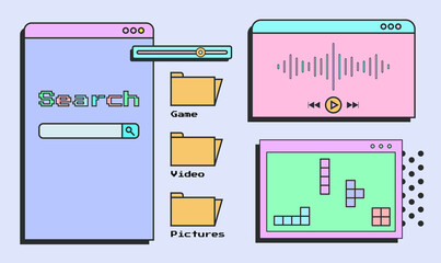 Set of flat retrowave UI and UX elements: search window, folders, music player, game window.