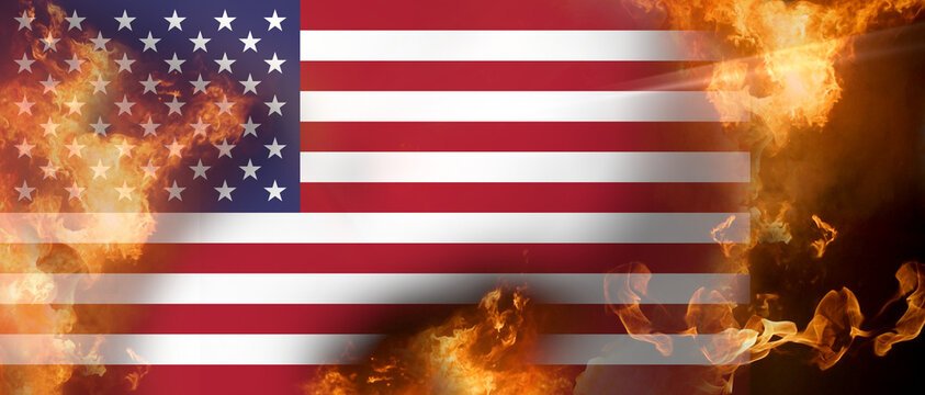 abstract symbolic fire and flames over flag of USA America 3d-illustration