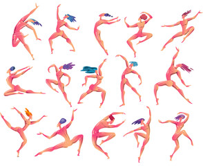 Set of Dancing people The concept of flying, joy, jumping
