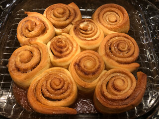 Obraz na płótnie Canvas Fresh homemade yummy sticky buns cinnamon rolls baking in the oven for a breakfast treat
