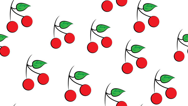 illustration. pattern. red small cherry on a white background. two cherries on a brown twig with a green leaf. wallpaper for cafe. decor for walls. seamless illustration