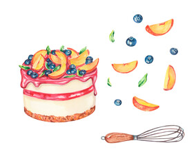 Watercolor cheesecake with peach and blueberry. Watercolor kitchen tools illustration. Watercolor cooking time. Making cheesecake with fruits. Design for packing, cards, banners, recipe, menu, cuisine