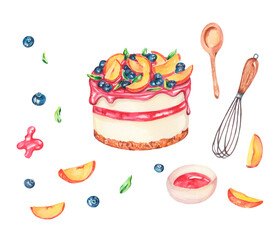 Watercolor blueberry cheesecake with peaches. Cheesecake with fruits. Watercolor food illustration. Cooking time. Making cheesecake. Cake with cream and berries. Tasty sweets. Watercolor confectionery