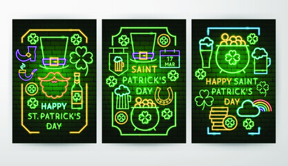 Saint Patrick Day Neon Flyers. Vector Illustration of 17 March Promotion.