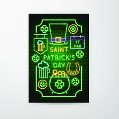 Saint Patrick's Day Neon Flyer. Vector Illustration of 17 March Promotion.