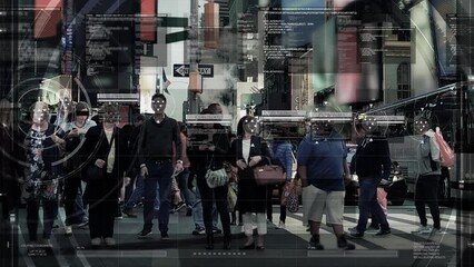 Computer Interface Showing Data of Anonymous Crowd. Surveillance Footage, Face Recognition.
People Walking on Busy Urban City Streets. Big Data Analysis. - Powered by Adobe