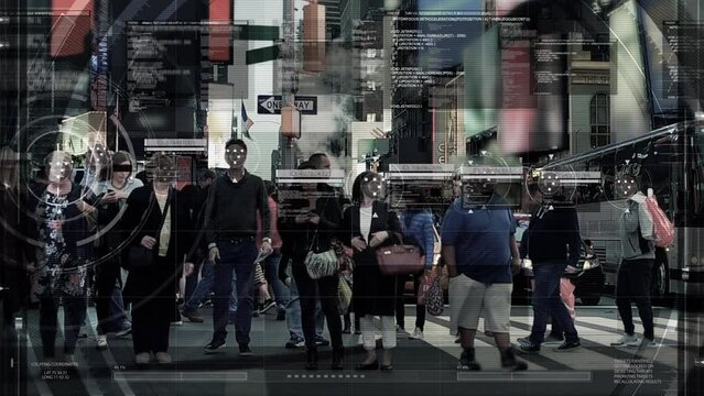 Computer Interface Showing Data of Anonymous Crowd. Surveillance Footage, Face Recognition.
People Walking on Busy Urban City Streets. Big Data Analysis.