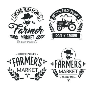 Farmers market logos template vector objects set. Trendy retro style illustration, farm natural organic food, agronomist and tractor silhouettes. Logo or badge design.
