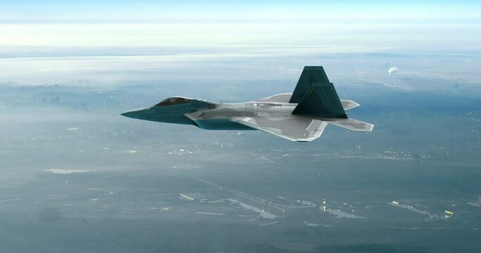 Fighter Jet Flying Over The City Above The Clouds. Ready For Air Attack. War And Air Force Related 4K Motion.