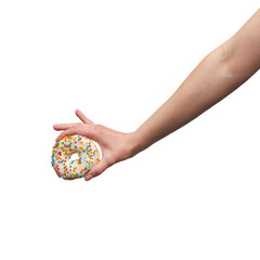 a woman's hand holds a delicious doughnut. isolatedon white