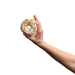 a woman's hand holds a delicious doughnut. isolatedon white