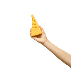 a woman's hand holds a piece of cheese. isolated on white