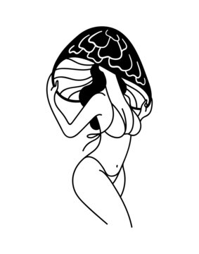 recommend clip art: Woman body with mushroom head. Mushroom girl. Woman line art. Magic mushroom.