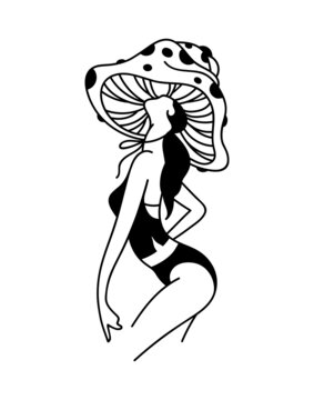 recommend clip art: Woman body with mushroom head. Mushroom girl. Woman line art. Magic mushroom.